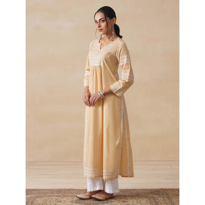 House of Chikankari Womens Woven Pure Cotton Chikankari Kurta-Beige