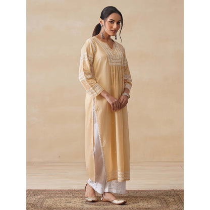 House of Chikankari Womens Woven Pure Cotton Chikankari Kurta-Beige