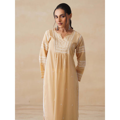House of Chikankari Womens Woven Pure Cotton Chikankari Kurta-Beige