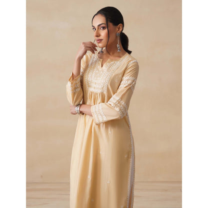 House of Chikankari Womens Woven Pure Cotton Chikankari Kurta-Beige
