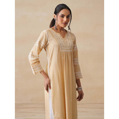 House of Chikankari Womens Woven Pure Cotton Chikankari Kurta-Beige