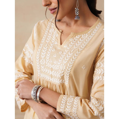 House of Chikankari Womens Woven Pure Cotton Chikankari Kurta-Beige