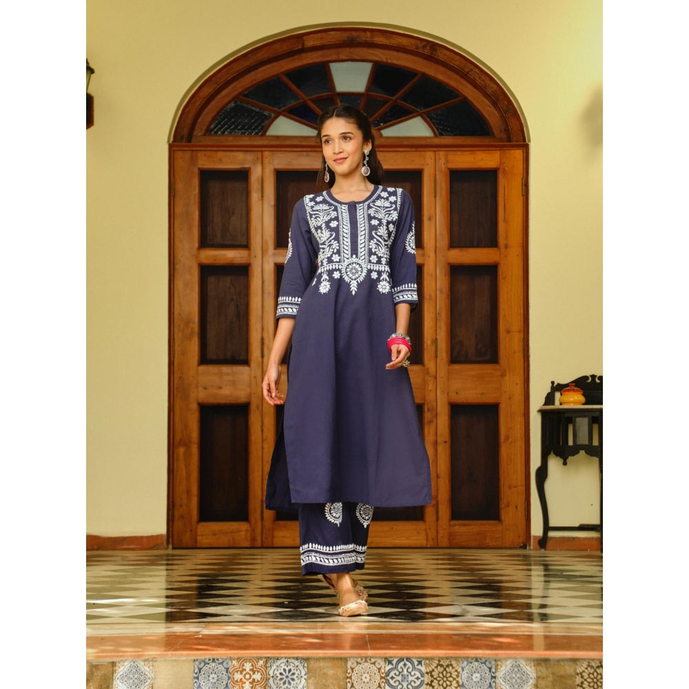 Women Cotton Straight Kurta With Palazzo - Navy Blue (Set of 2)