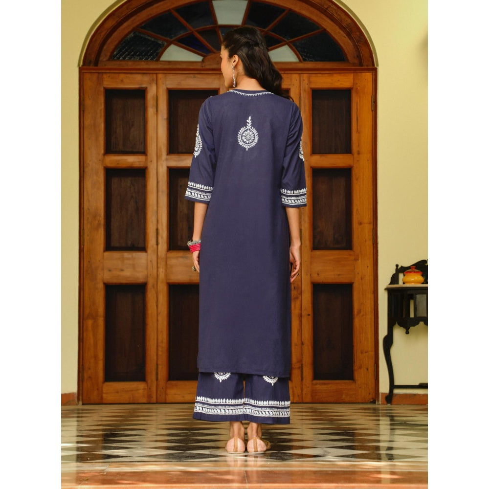 Women Cotton Straight Kurta With Palazzo - Navy Blue (Set of 2)