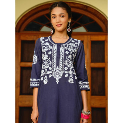 Women Cotton Straight Kurta With Palazzo - Navy Blue (Set of 2)