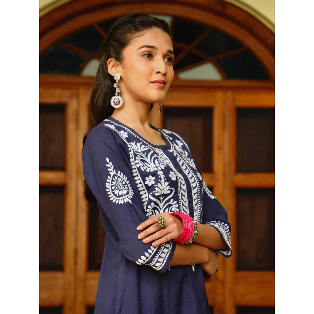 Women Cotton Straight Kurta With Palazzo - Navy Blue (Set of 2)