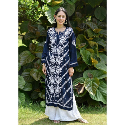 Chikankari Modal Straight Kurta - Navy Blue