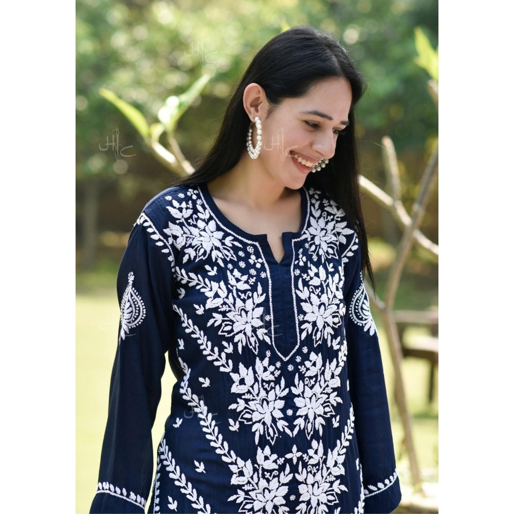 Chikankari Modal Straight Kurta - Navy Blue