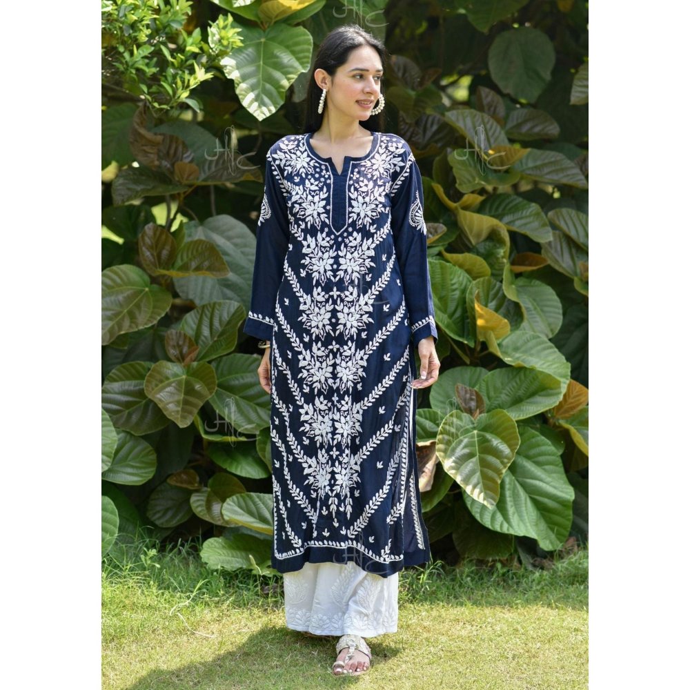 Chikankari Modal Straight Kurta - Navy Blue