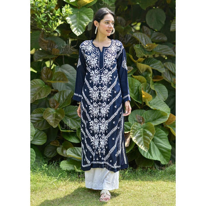 Chikankari Modal Straight Kurta - Navy Blue