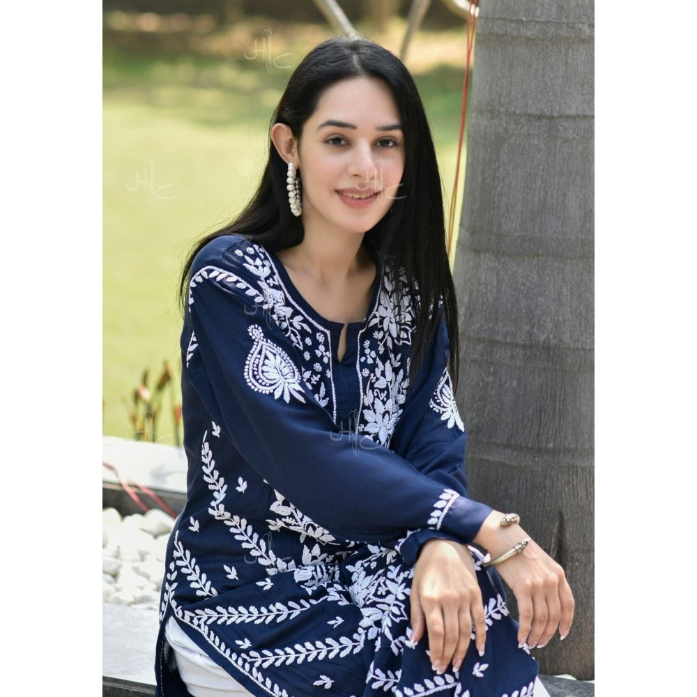Chikankari Modal Straight Kurta - Navy Blue