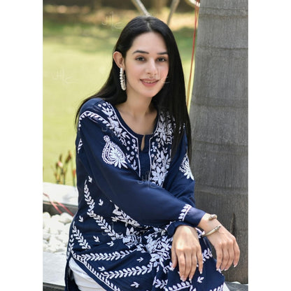 Chikankari Modal Straight Kurta - Navy Blue