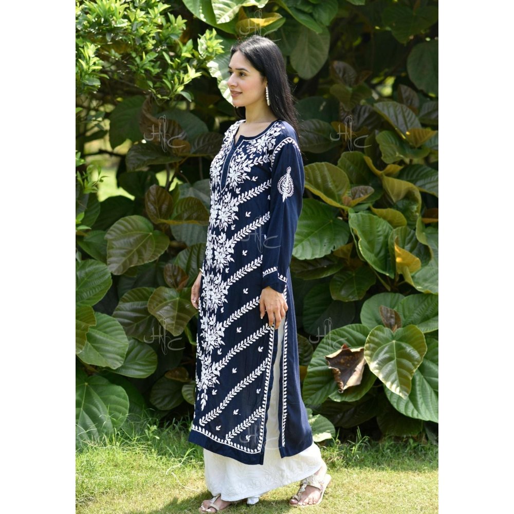 Chikankari Modal Straight Kurta - Navy Blue