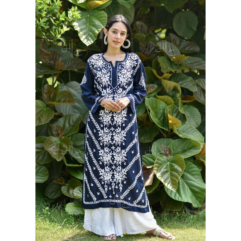 Chikankari Modal Straight Kurta - Navy Blue