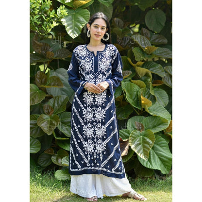 Chikankari Modal Straight Kurta - Navy Blue