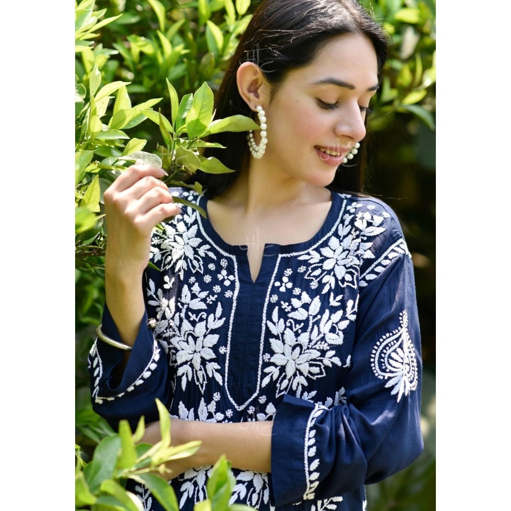 Chikankari Modal Straight Kurta - Navy Blue