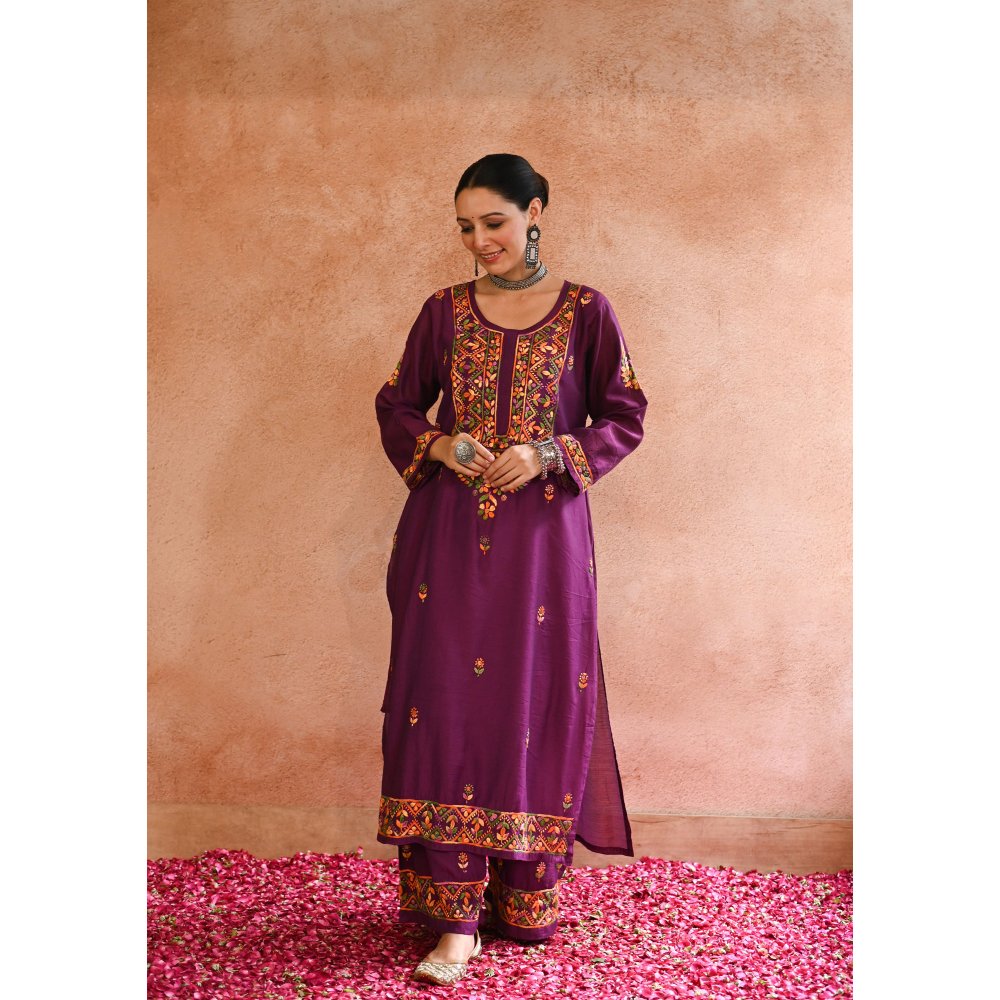 Chikankari Chanderi Straight Kurta with Inner and Palazzo (Set of 3)