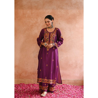Chikankari Chanderi Straight Kurta with Inner and Palazzo (Set of 3)