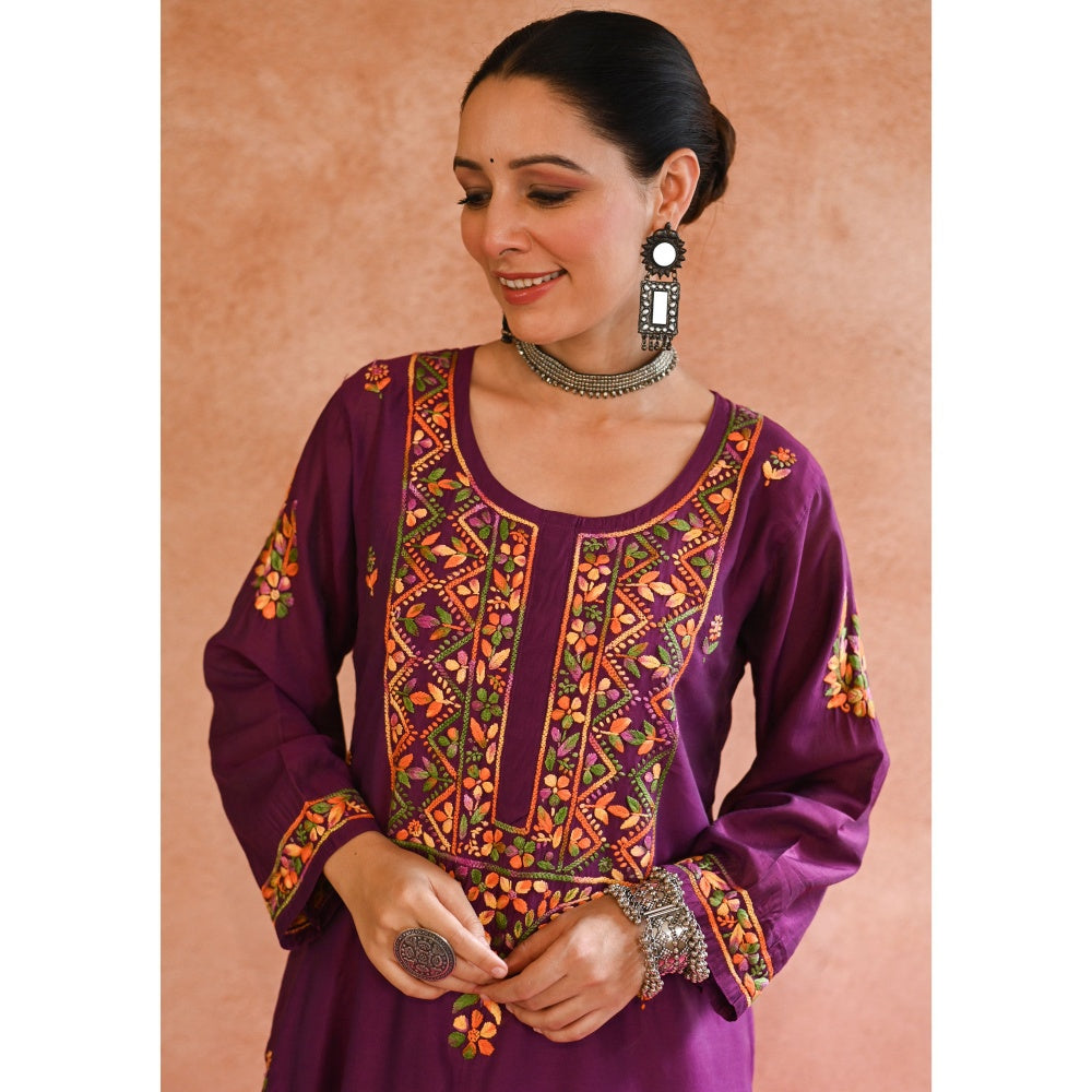 Chikankari Chanderi Straight Kurta with Inner and Palazzo (Set of 3)