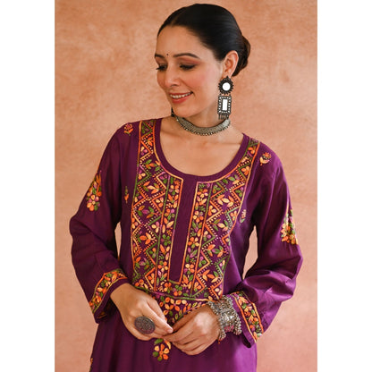 Chikankari Chanderi Straight Kurta with Inner and Palazzo (Set of 3)