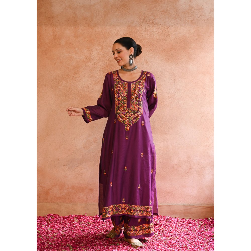Chikankari Chanderi Straight Kurta with Inner and Palazzo (Set of 3)