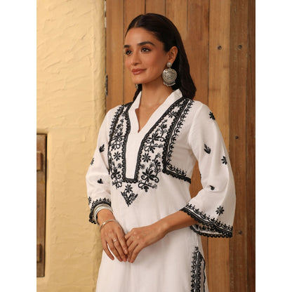 House of Chikankari Women's White Cotton Chikankari Kurti and Pant (Set of 2)