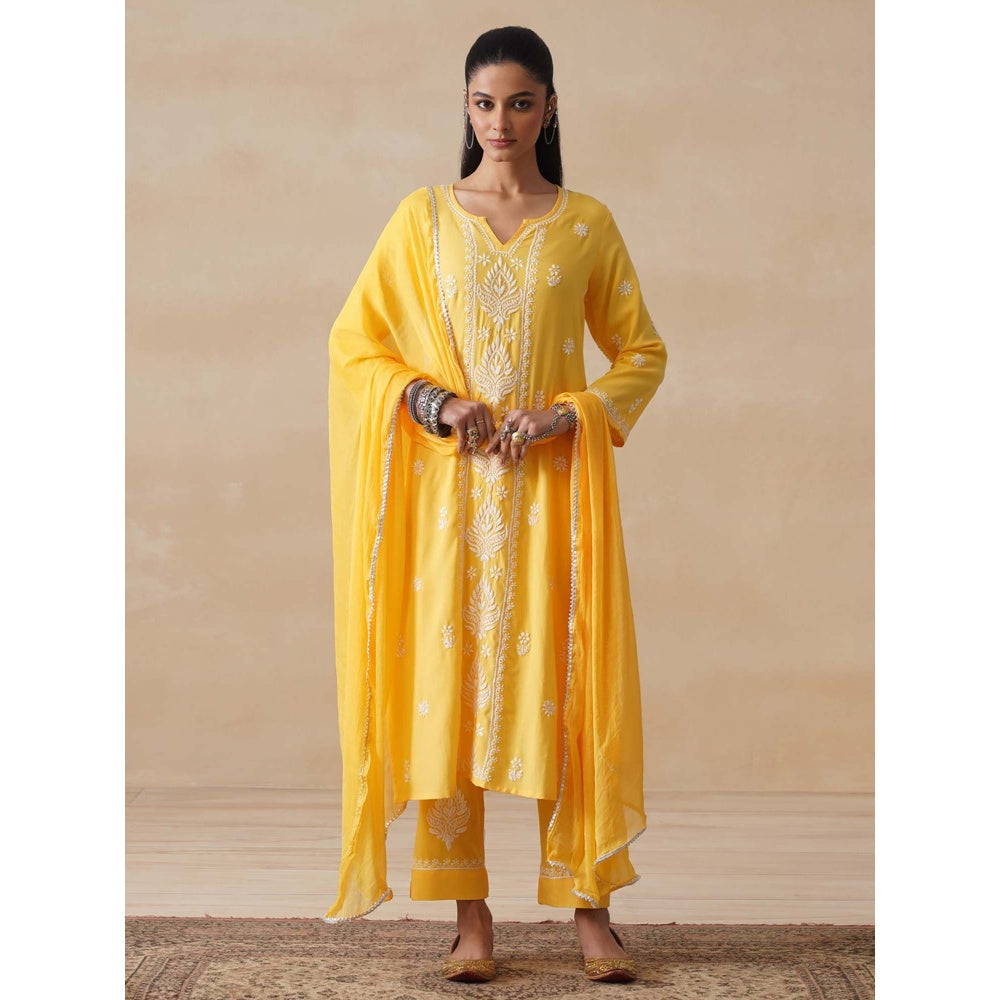 Women Rayon Chikankari Kurta with Pant and Dupatta (Set of 3) - Yellow
