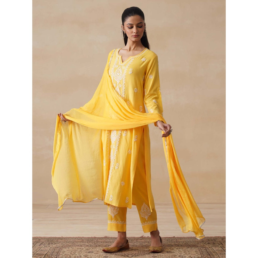 Women Rayon Chikankari Kurta with Pant and Dupatta (Set of 3) - Yellow