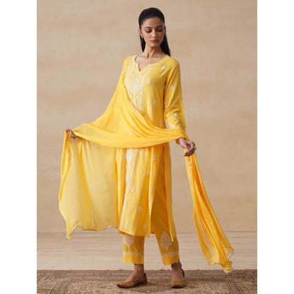 Women Rayon Chikankari Kurta with Pant and Dupatta (Set of 3) - Yellow