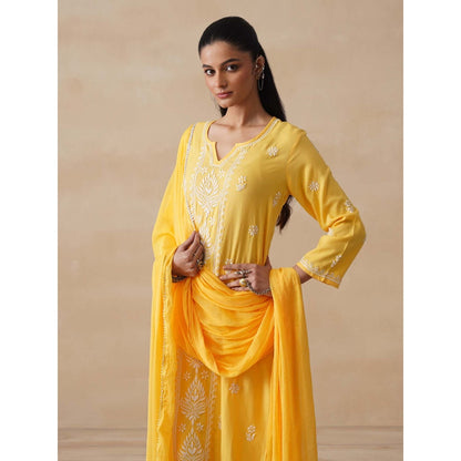 Women Rayon Chikankari Kurta with Pant and Dupatta (Set of 3) - Yellow