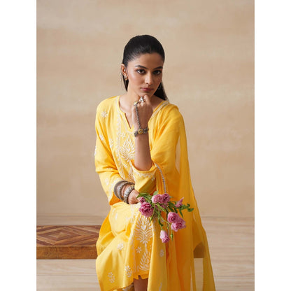 Women Rayon Chikankari Kurta with Pant and Dupatta (Set of 3) - Yellow