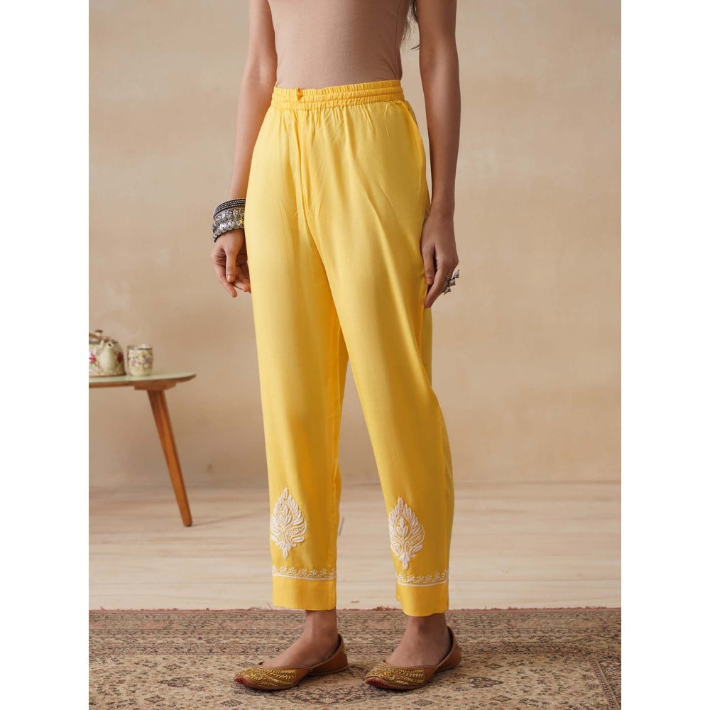 Women Rayon Chikankari Kurta with Pant and Dupatta (Set of 3) - Yellow