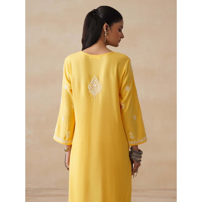 Women Rayon Chikankari Kurta with Pant and Dupatta (Set of 3) - Yellow
