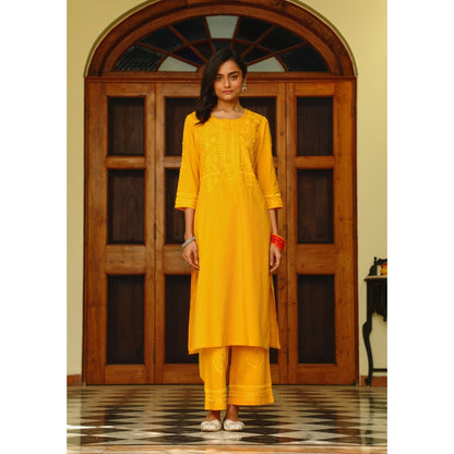 House of Chikankari Soha Cotton Straight Kurta with Pant - Mustard (Set of 2)