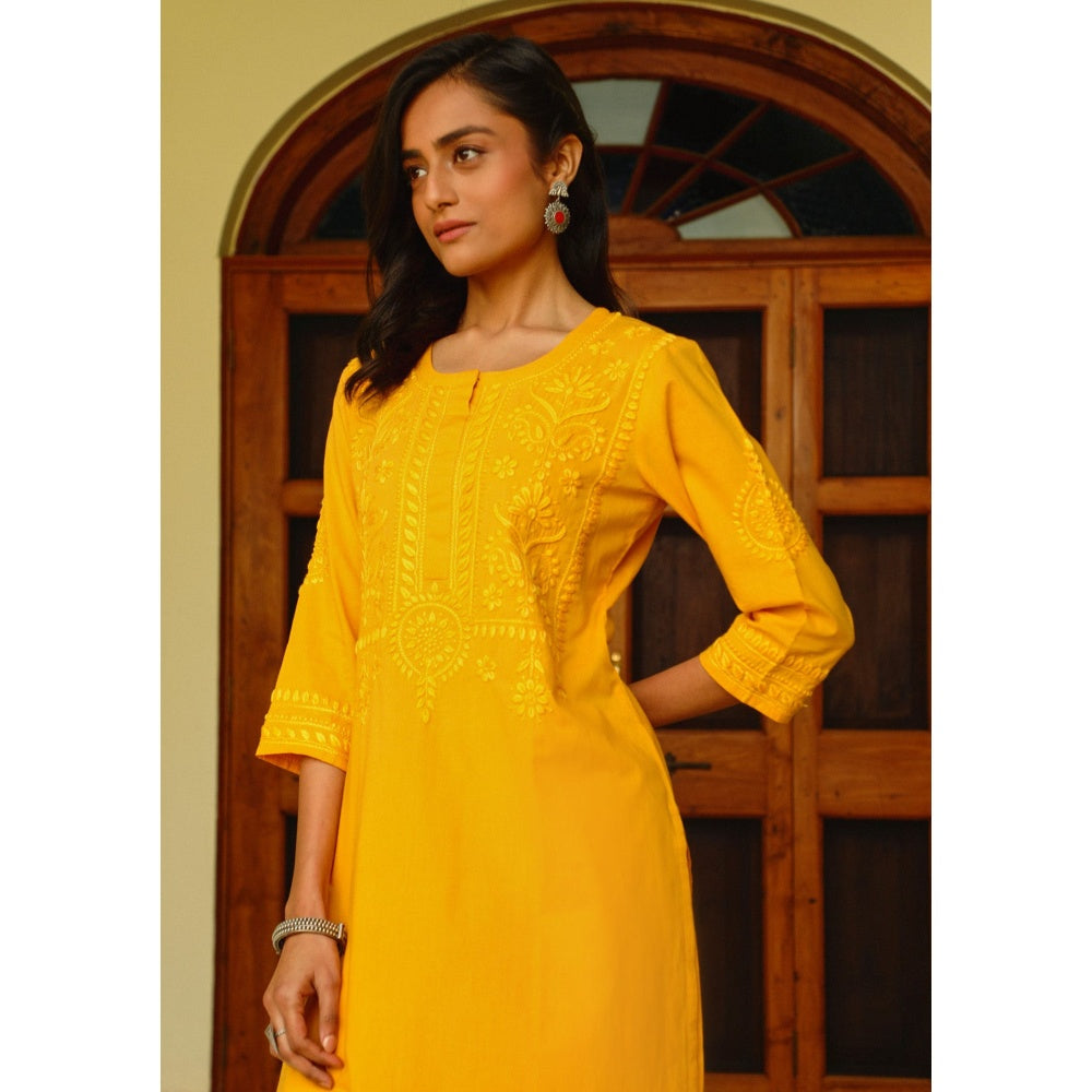 House of Chikankari Soha Cotton Straight Kurta with Pant - Mustard (Set of 2)