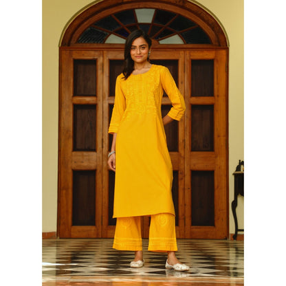 House of Chikankari Soha Cotton Straight Kurta with Pant - Mustard (Set of 2)