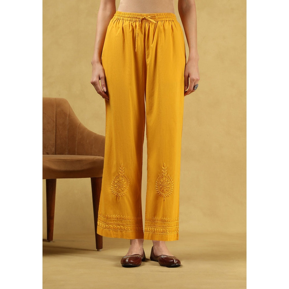 House of Chikankari Soha Cotton Straight Kurta with Pant - Mustard (Set of 2)