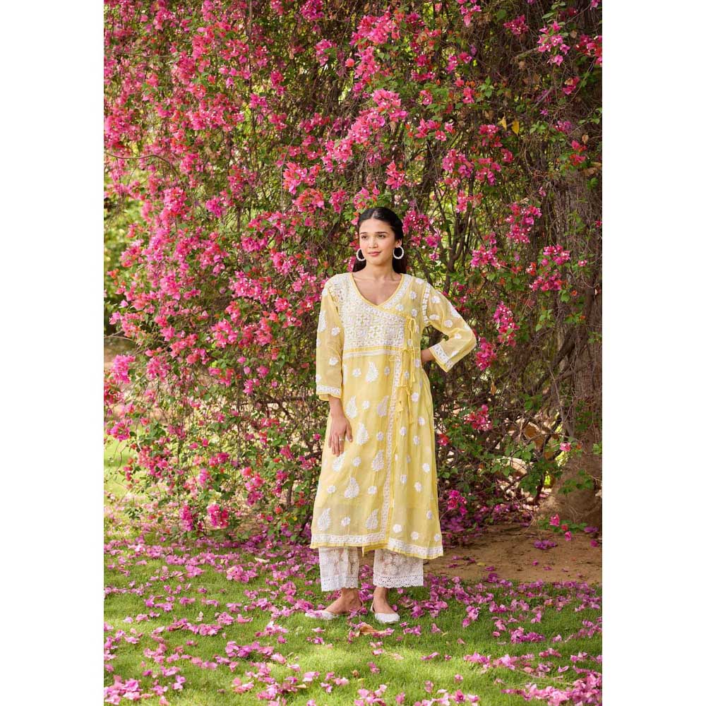 House of Chikankari Yellow Nazakat Kota Chikankari Solid Angarkha Kurta with Inner (Set of 2)