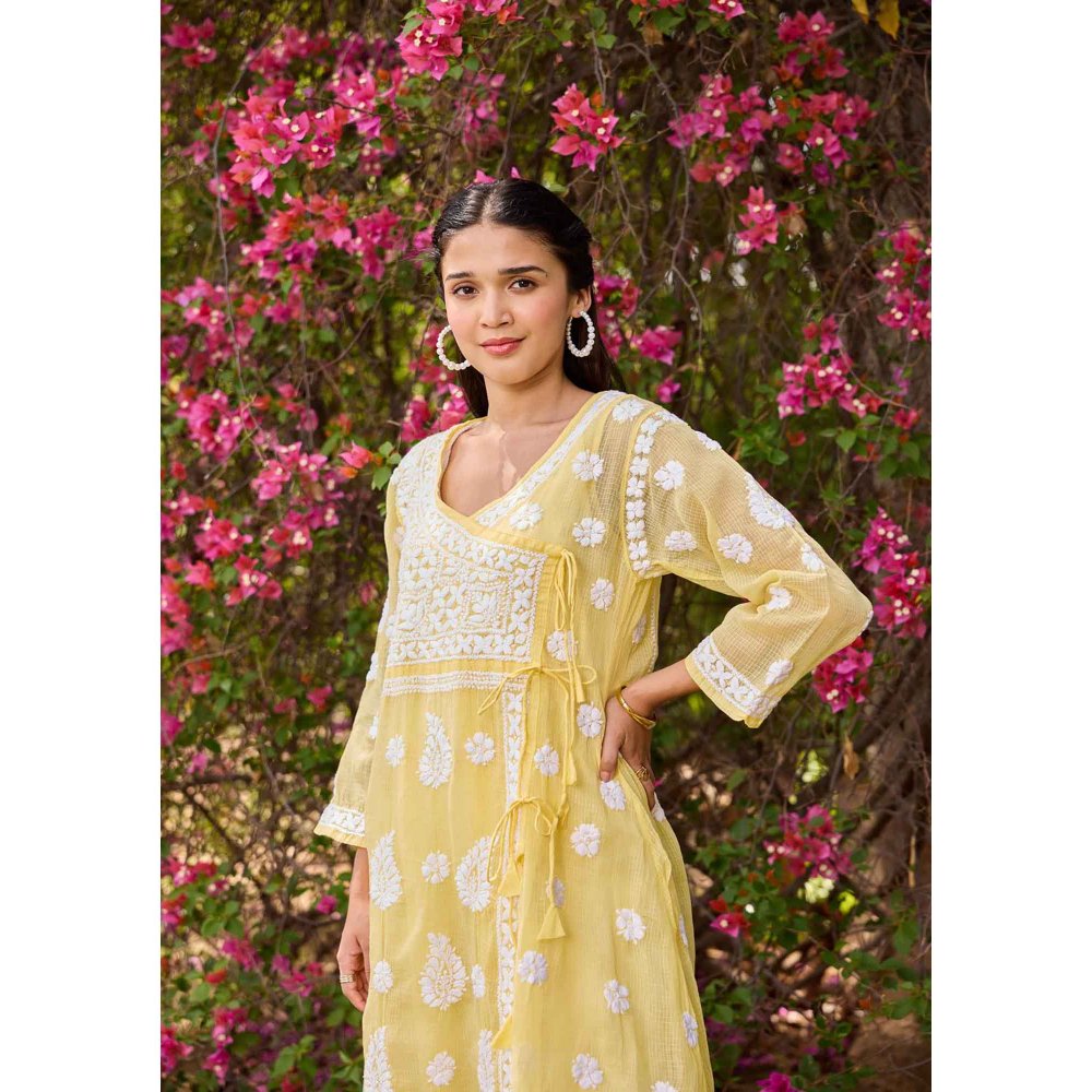 House of Chikankari Yellow Nazakat Kota Chikankari Solid Angarkha Kurta with Inner (Set of 2)