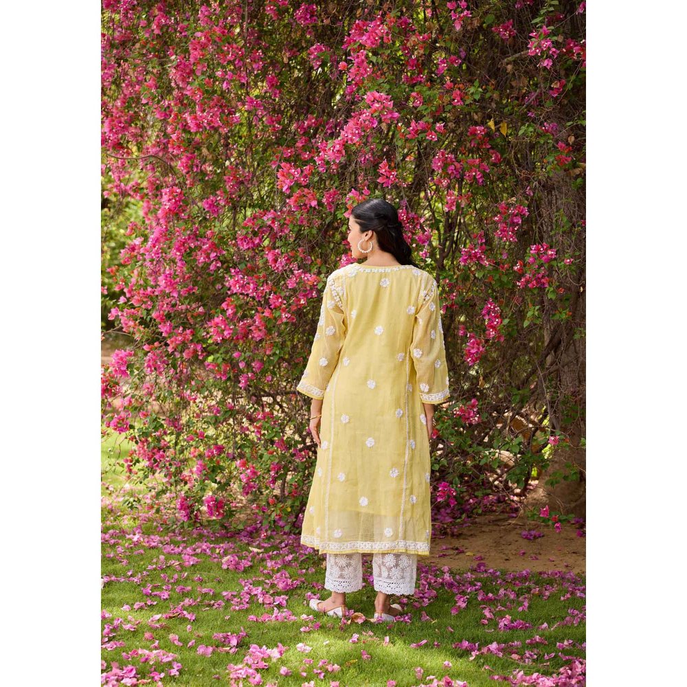 House of Chikankari Yellow Nazakat Kota Chikankari Solid Angarkha Kurta with Inner (Set of 2)