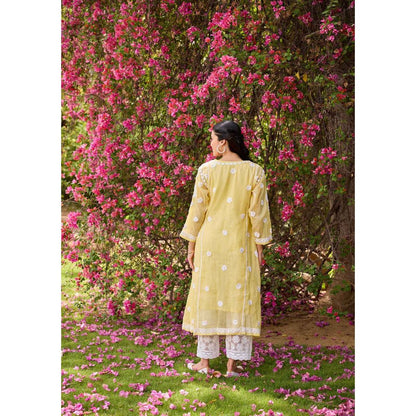 House of Chikankari Yellow Nazakat Kota Chikankari Solid Angarkha Kurta with Inner (Set of 2)