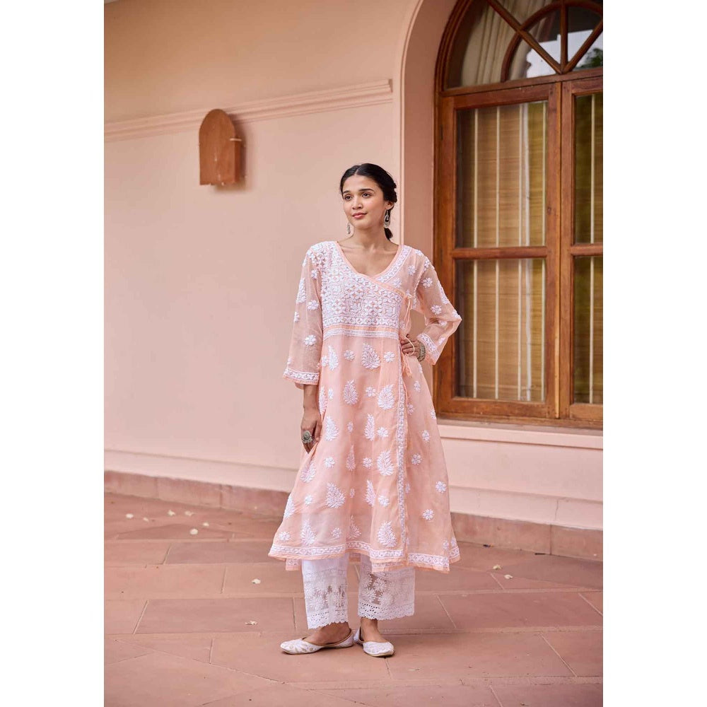 House of Chikankari Peach Nazakat Kota Chikankari Solid Angarkha Kurta with Inner (Set of 2)
