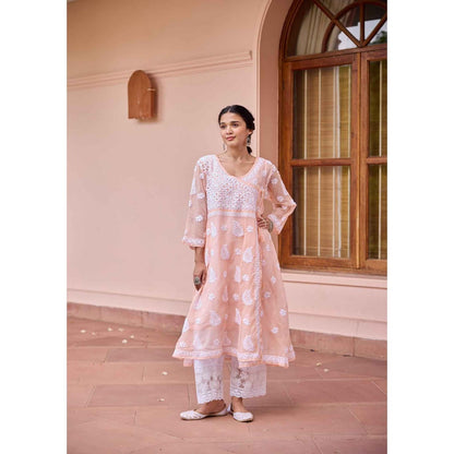 House of Chikankari Peach Nazakat Kota Chikankari Solid Angarkha Kurta with Inner (Set of 2)