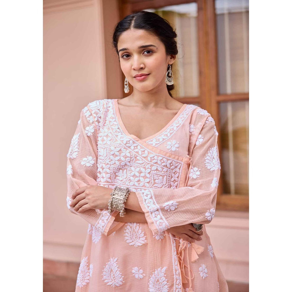 House of Chikankari Peach Nazakat Kota Chikankari Solid Angarkha Kurta with Inner (Set of 2)