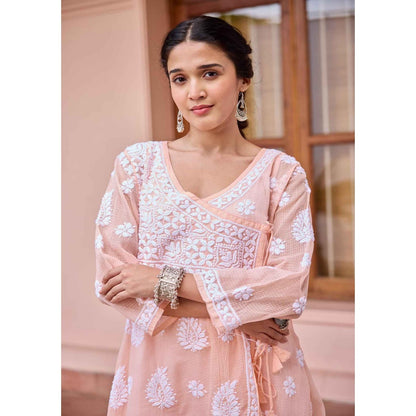 House of Chikankari Peach Nazakat Kota Chikankari Solid Angarkha Kurta with Inner (Set of 2)