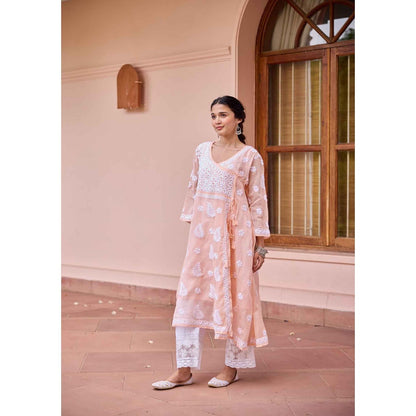 House of Chikankari Peach Nazakat Kota Chikankari Solid Angarkha Kurta with Inner (Set of 2)
