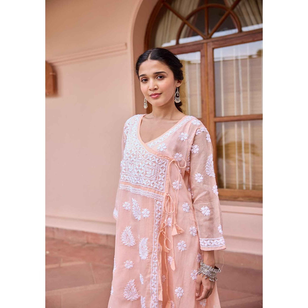 House of Chikankari Peach Nazakat Kota Chikankari Solid Angarkha Kurta with Inner (Set of 2)