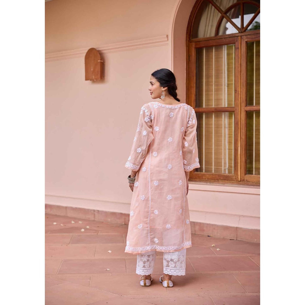 House of Chikankari Peach Nazakat Kota Chikankari Solid Angarkha Kurta with Inner (Set of 2)