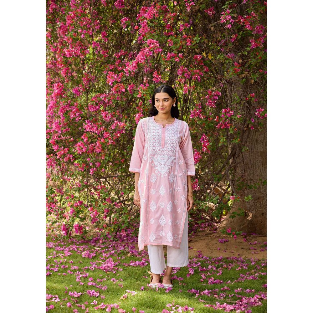 House of Chikankari Pink Cotton Dobby Chikankari Solid Women's Long Kurta