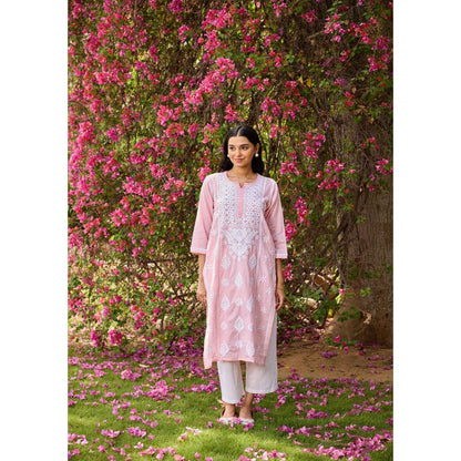 House of Chikankari Pink Cotton Dobby Chikankari Solid Women's Long Kurta